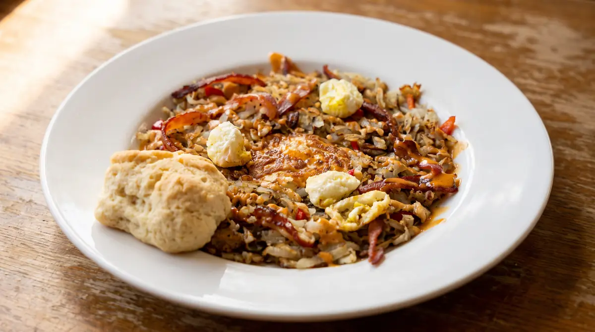 The Bird's Nest: shredded hash browns with crisp bacon, diced red pepper, Shack sauce and fried quail eggs, a homemade biscuit alongside.