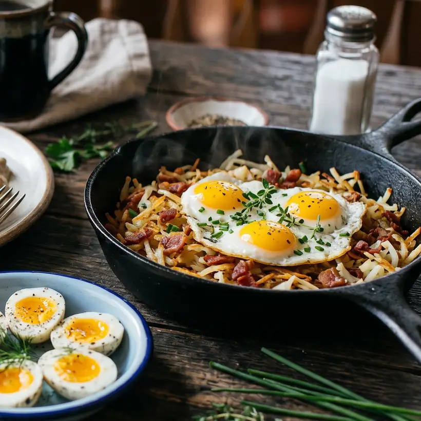 The Bird's Nest. A cast-iron skillet of hash browns with three sunny quail eggs.