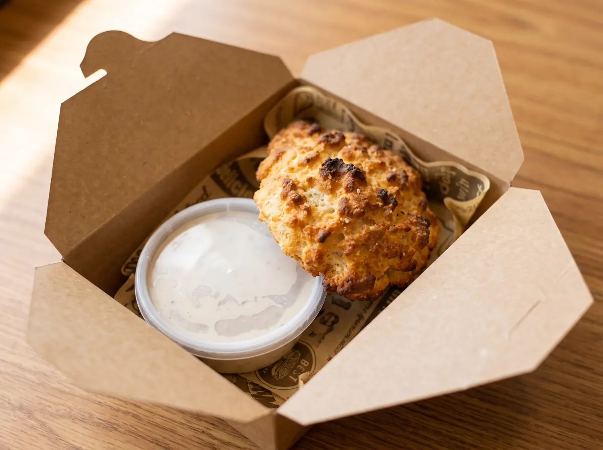A large craggy homemade buttermilk biscuit in an open kraft takeout box beside a cup of white sausage gravy.