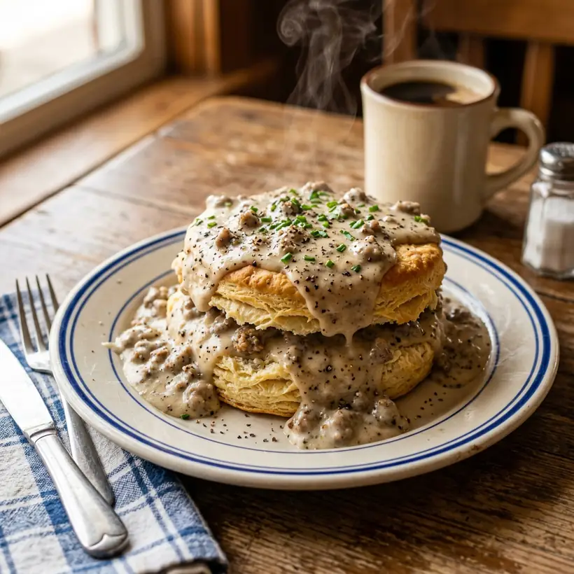 A homemade buttermilk biscuit smothered in quail-bone-broth gravy with cracked pepper.