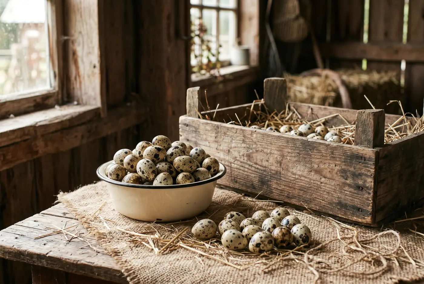 An enamel bowl brimming with fresh speckled quail eggs beside a wooden crate of straw in a rustic barn.