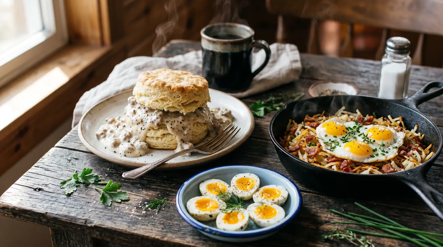A farm-to-table diner breakfast: a Texas-sized biscuit and gravy, a skillet of hash browns topped with quail eggs and bacon, and a bowl of speckled quail eggs.