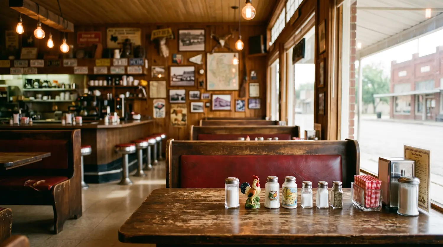 The cozy interior of an old-school Texas diner: red booths, antique photos on the walls, and a collection of vintage salt-and-pepper shakers on a worn wood table.