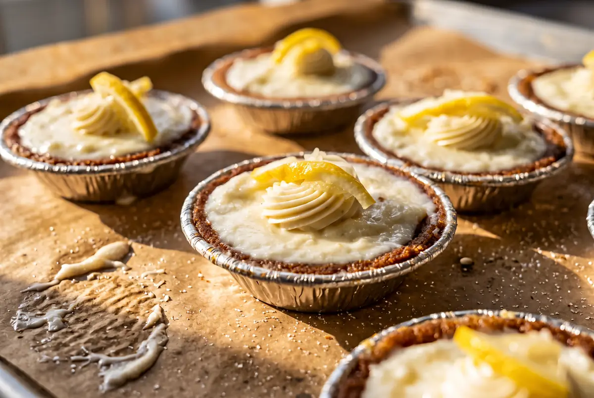 Individual lemon quail egg custard tarts in fluted foil tins, each with a piped rosette of cream and a curl of lemon peel.