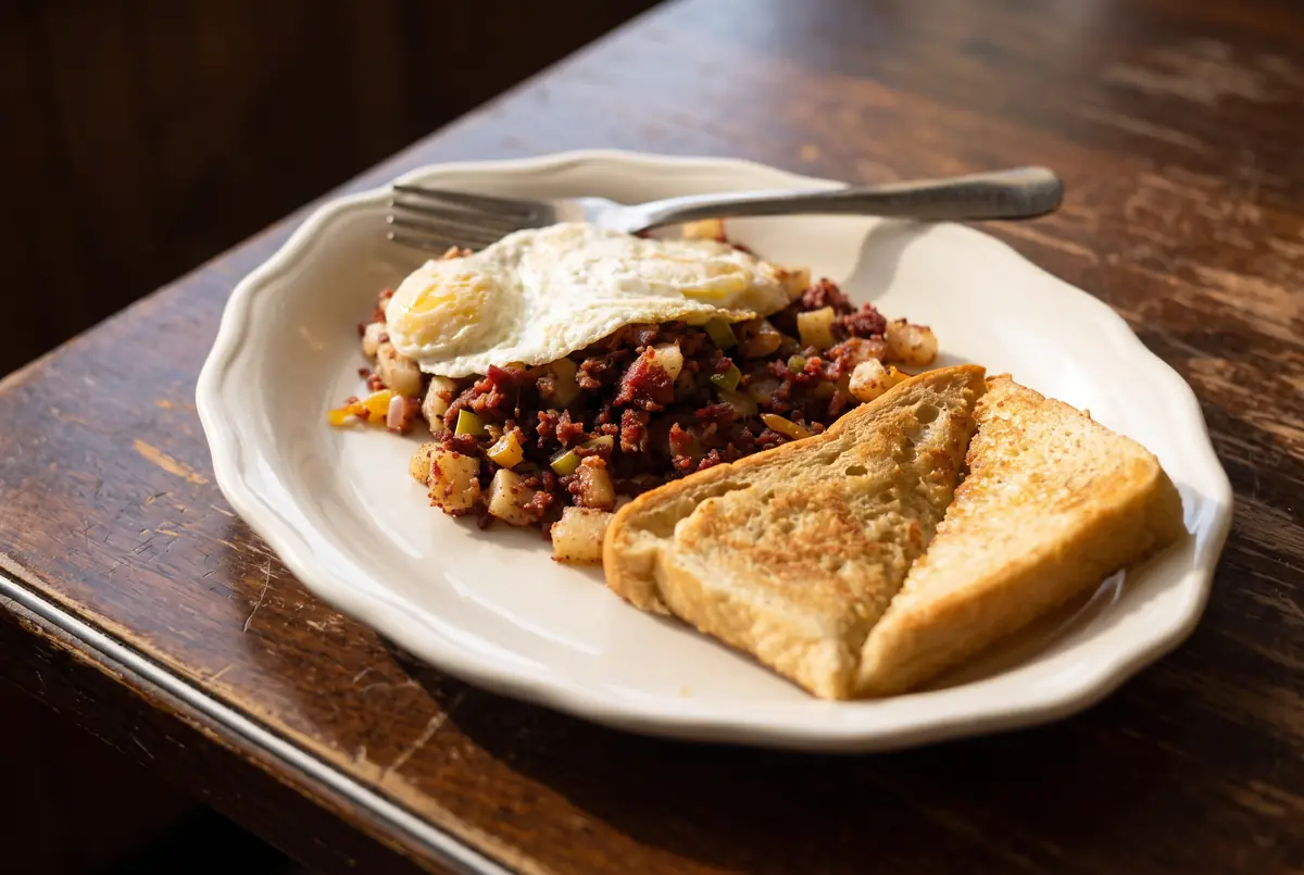 Pastrami hash: chopped pastrami griddled with diced potatoes and green and yellow peppers, two fried eggs laid over the top, two triangles of buttered toast alongside on a white plate.