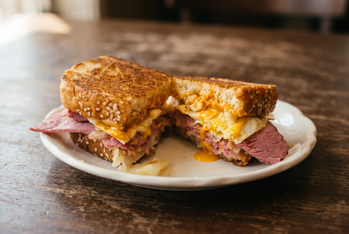 A hot pastrami sandwich on toasted sesame bread, cut in half, layered with sliced pastrami, a fried egg and melted cheese.