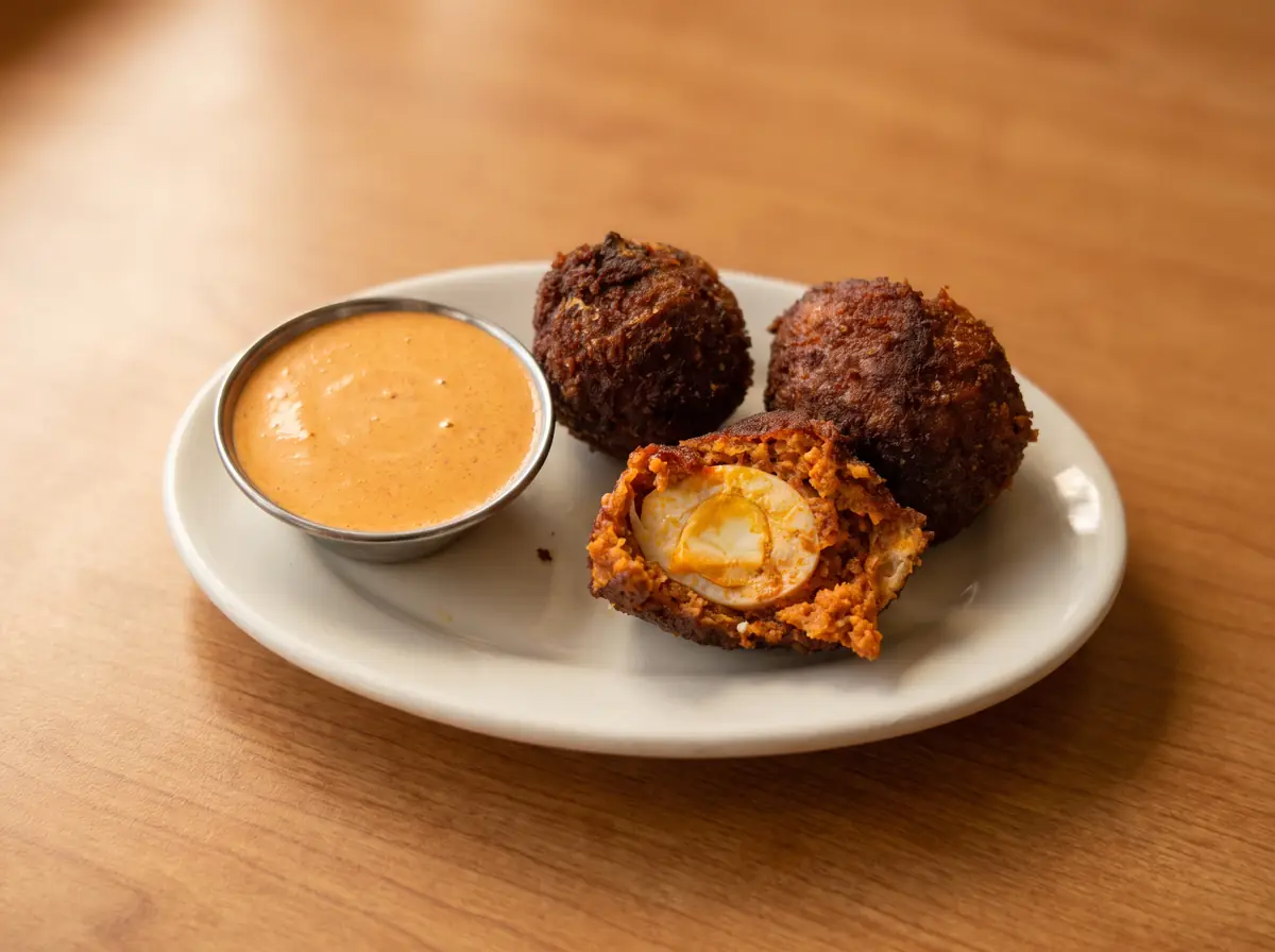 Three dark, deep-fried chorizo-wrapped quail eggs on a plain white diner plate, one cut open, beside a stainless ramekin of orange habanero Shack sauce.