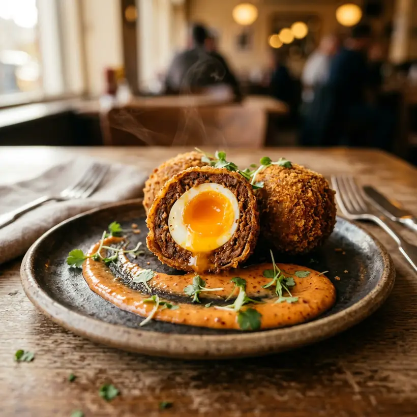 Q Balls: sausage-wrapped quail eggs fried golden, one cut open, with house dipping sauce.