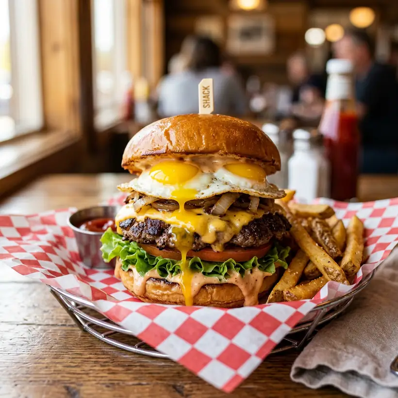 The Smash Burger: crisped beef patty, melted cheese and fried quail eggs in a red diner basket with fries.