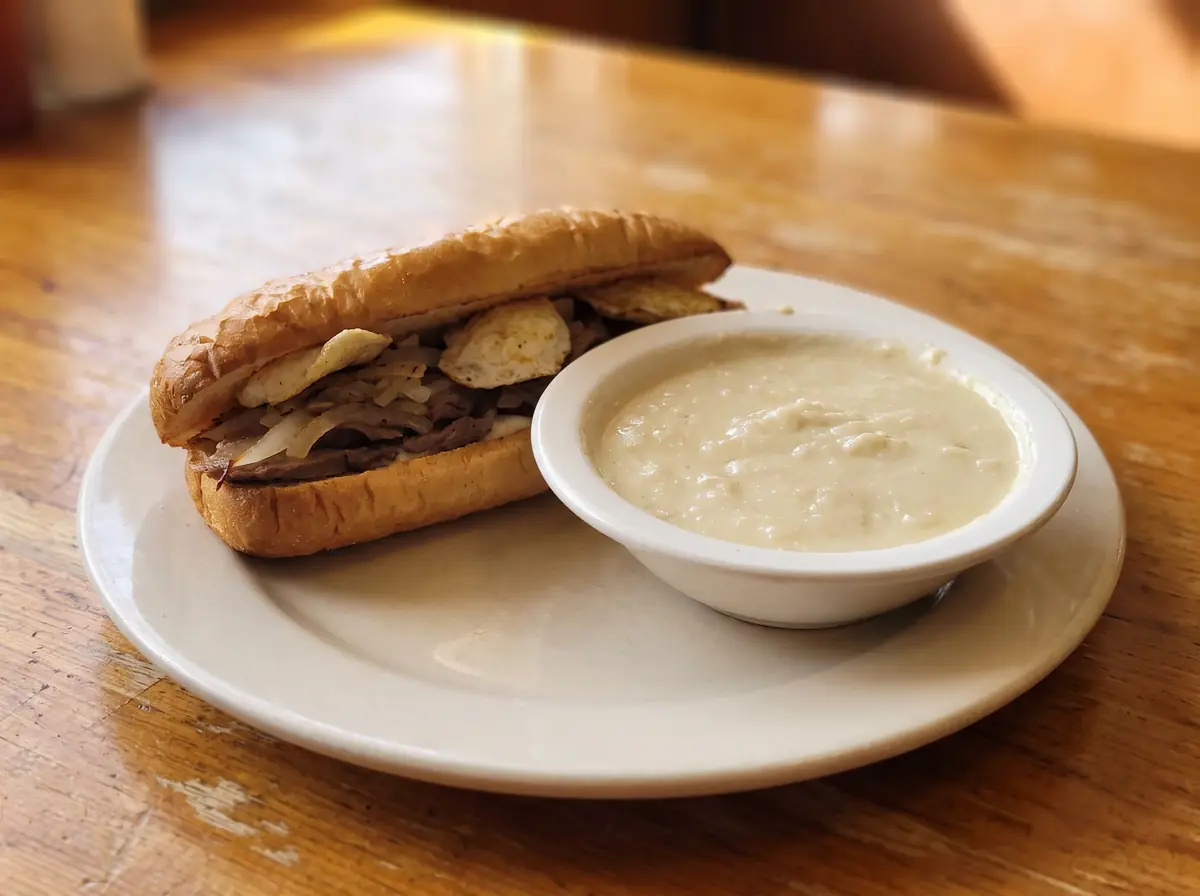 The Sizzle Shack: sliced steak with grilled onions and fried quail eggs on a split homemade hoagie roll, with a bowl of the day's soup, on a plain white plate.
