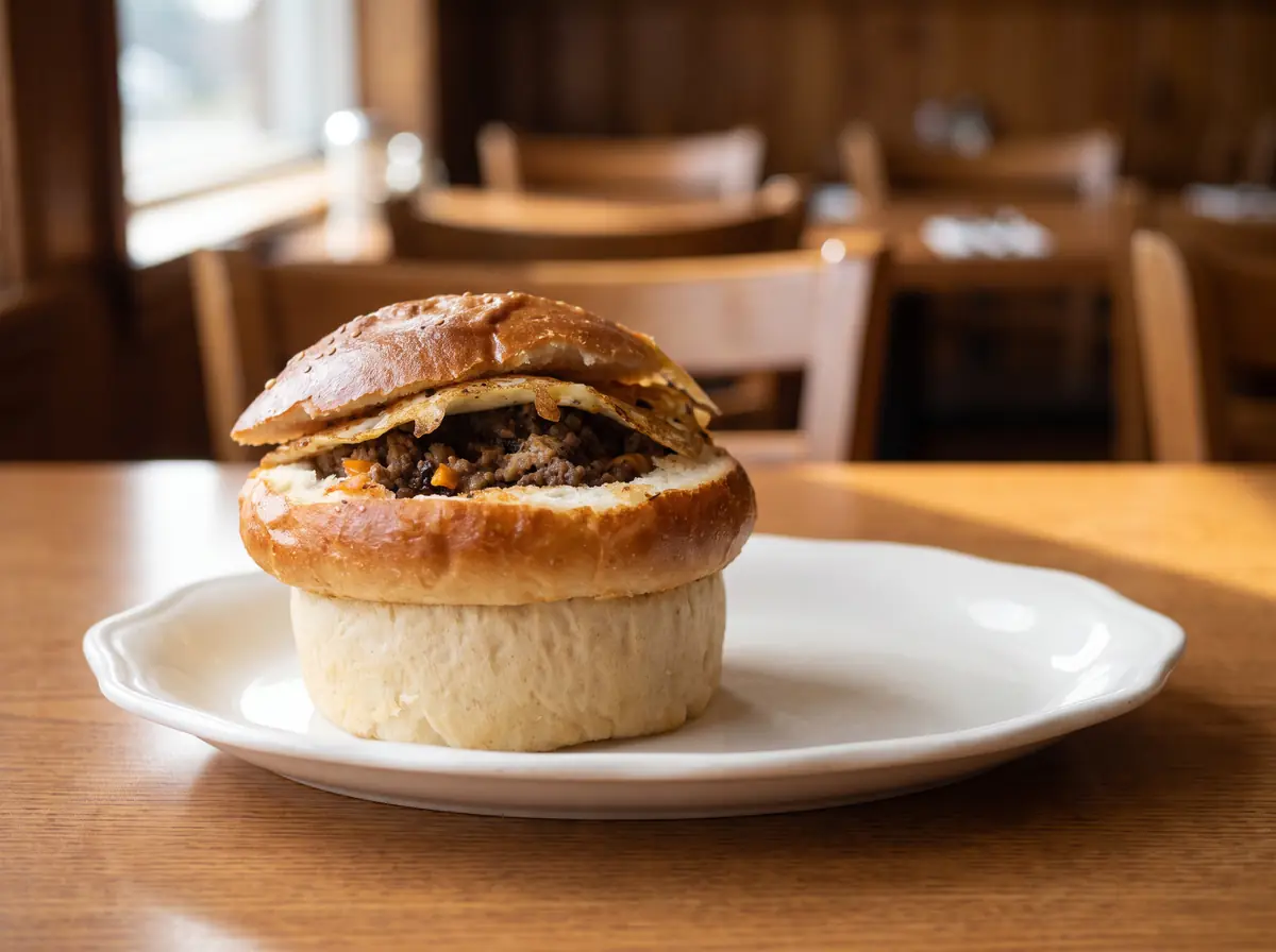 The Sloppy Shack: a tall round homemade sesame bread bowl with the lid lifted, filled with seasoned ground beef and a fried egg, on a plain white plate.
