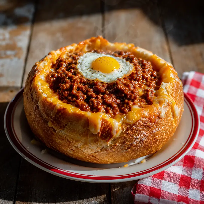 The Sloppy Shack: scratch sloppy joe in a handmade bread bowl lined with melted cheese, topped with a fried quail egg.