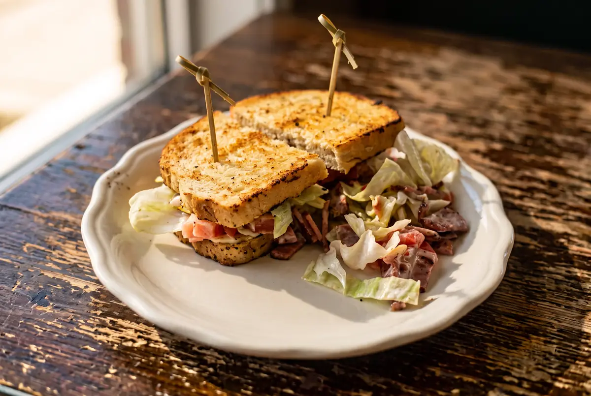 The TLT: sliced turkey, iceberg lettuce, tomato and mayo between two thick slices of griddled house bread, cut in half and pinned with bamboo picks, the rest of the fill piled beside it on a white plate.